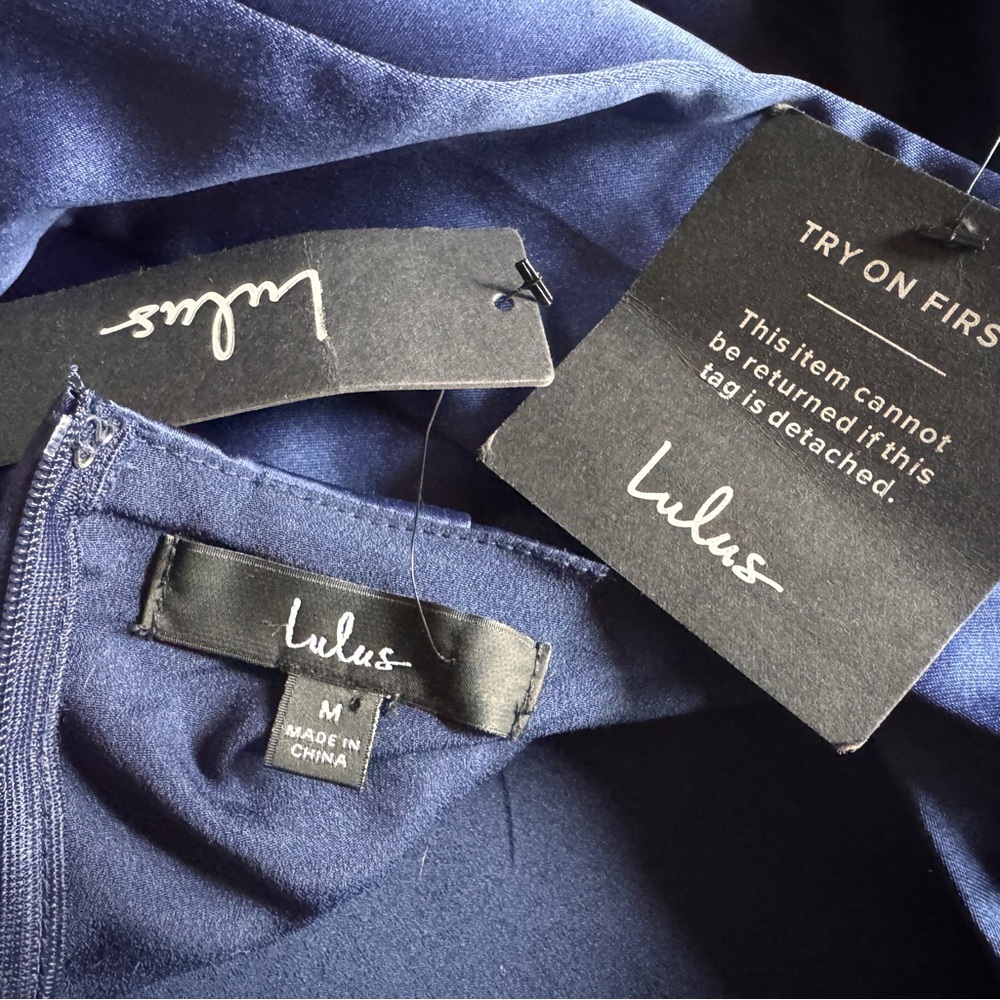 🆕 Lulu's Flawlessly Flirty Dress Navy Bows Open Back Adjustable Mini Satin 6 8 M - Picture 10 of 13